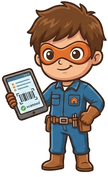 Superhero Hosting inventory mascot holding a tablet showing a scanned barcode