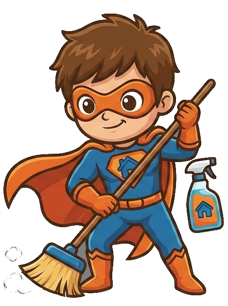 Superhero Hosting cleaning mascot holding a broom and a spray bottle